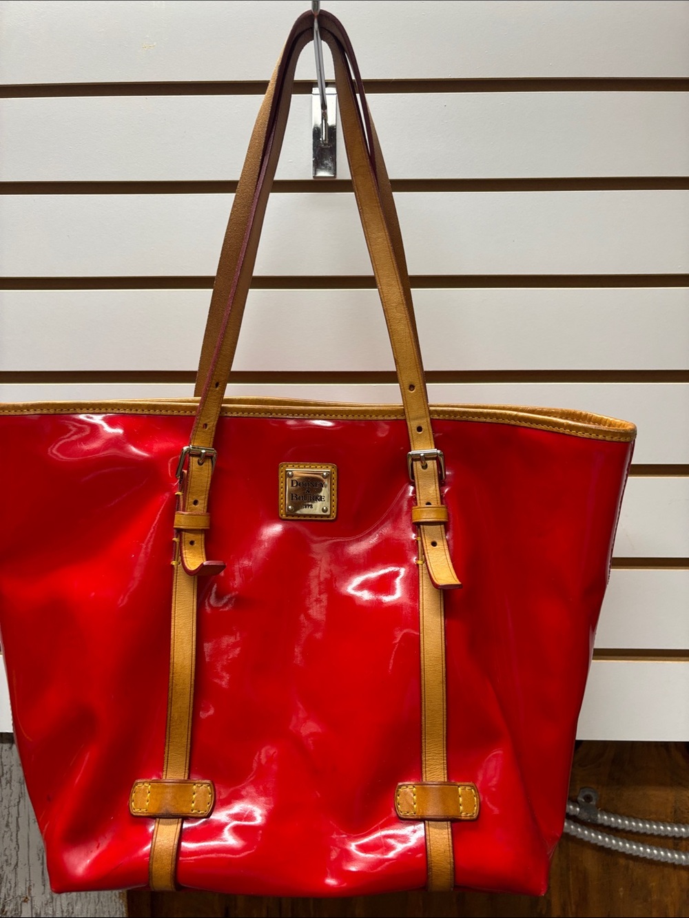 Dooney & Bourke Red Patent Tote with Tan Trim and Straps